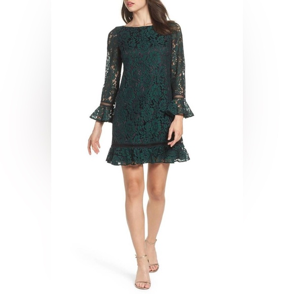 New Eliza J Dresses Bell Sleeve Floral Applique Lace Shift Dress Emerald size 4p - Picture 1 of 11
